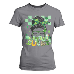 Funny St Patricks Day Women T Shirt For Women Happy Go Lucky Messy Bun with Shamrocks TS02 Charcoal Print Your Wear