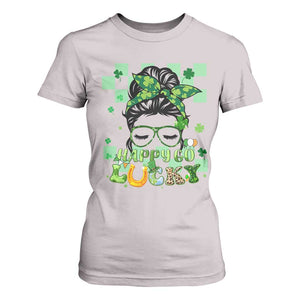 Funny St Patricks Day Women T Shirt For Women Happy Go Lucky Messy Bun with Shamrocks TS02 Ice Gray Print Your Wear