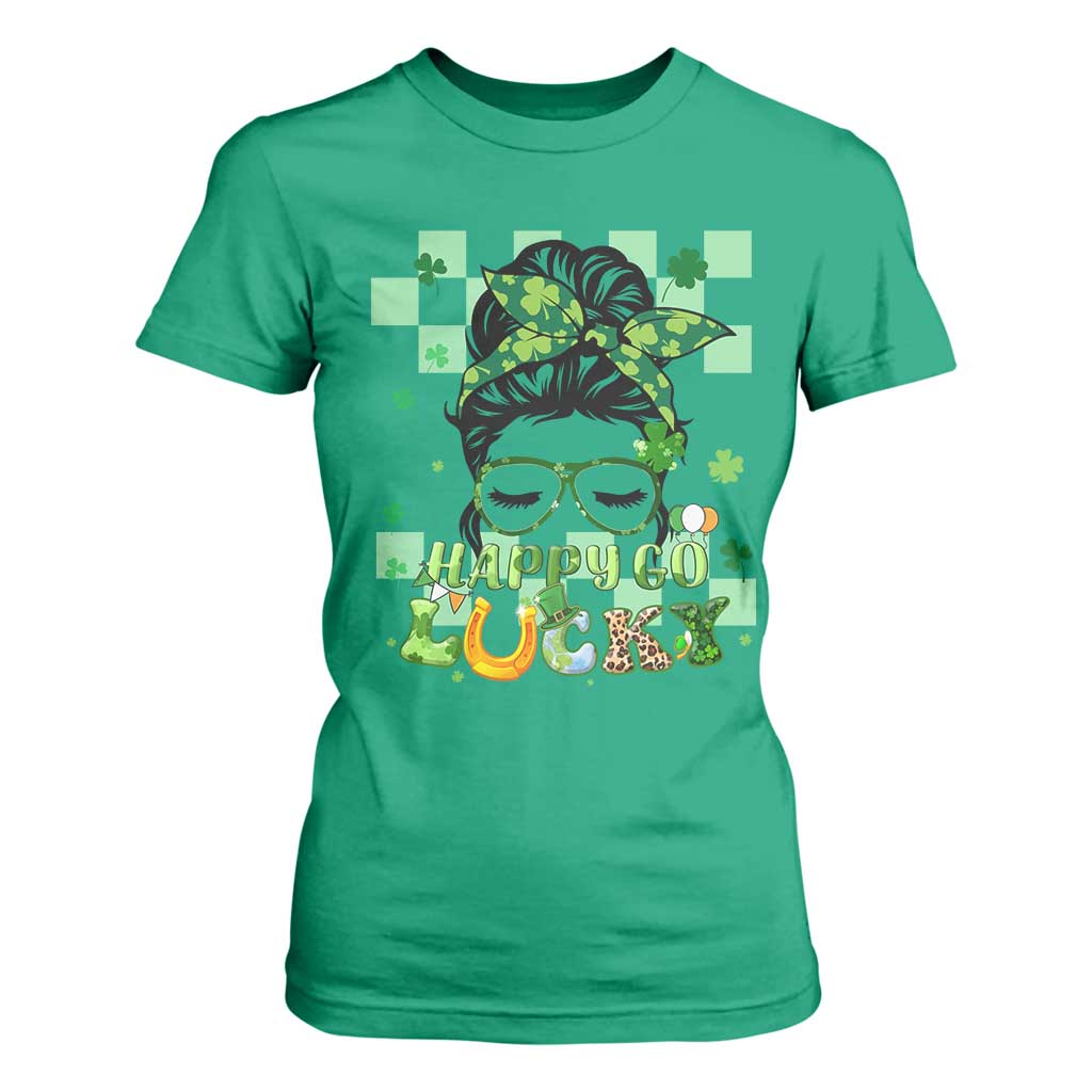 Funny St Patricks Day Women T Shirt For Women Happy Go Lucky Messy Bun with Shamrocks TS02 Irish Green Print Your Wear