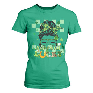 Funny St Patricks Day Women T Shirt For Women Happy Go Lucky Messy Bun with Shamrocks TS02 Irish Green Print Your Wear