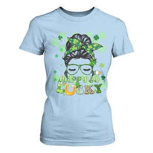 Funny St Patricks Day Women T Shirt For Women Happy Go Lucky Messy Bun with Shamrocks TS02 Light Blue Print Your Wear