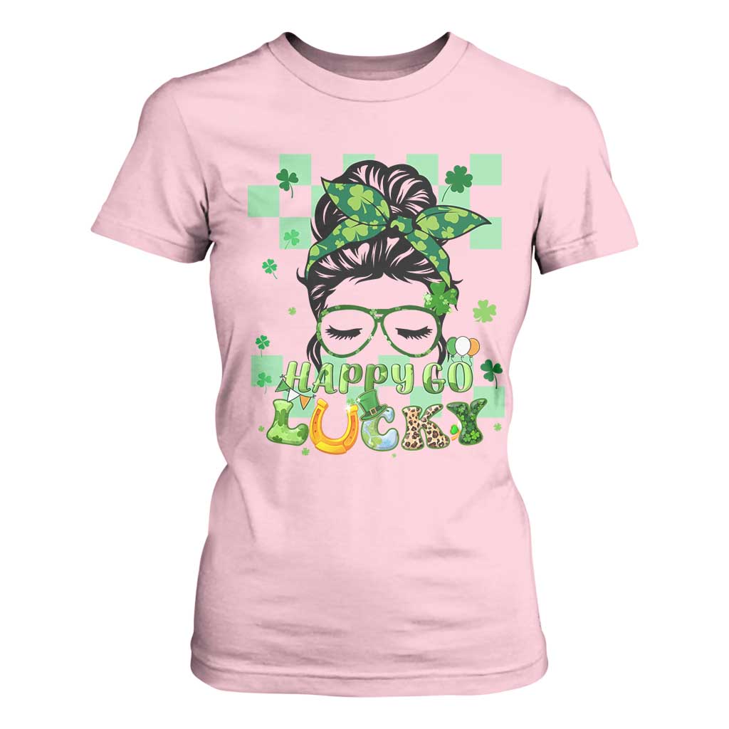 Funny St Patricks Day Women T Shirt For Women Happy Go Lucky Messy Bun with Shamrocks TS02 Light Pink Print Your Wear