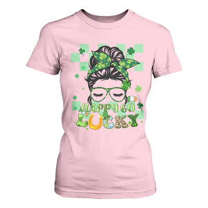 Funny St Patricks Day Women T Shirt For Women Happy Go Lucky Messy Bun with Shamrocks TS02 Light Pink Print Your Wear