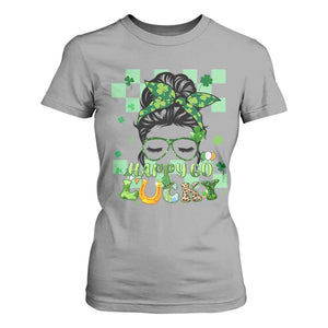 Funny St Patricks Day Women T Shirt For Women Happy Go Lucky Messy Bun with Shamrocks TS02 Sport Gray Print Your Wear