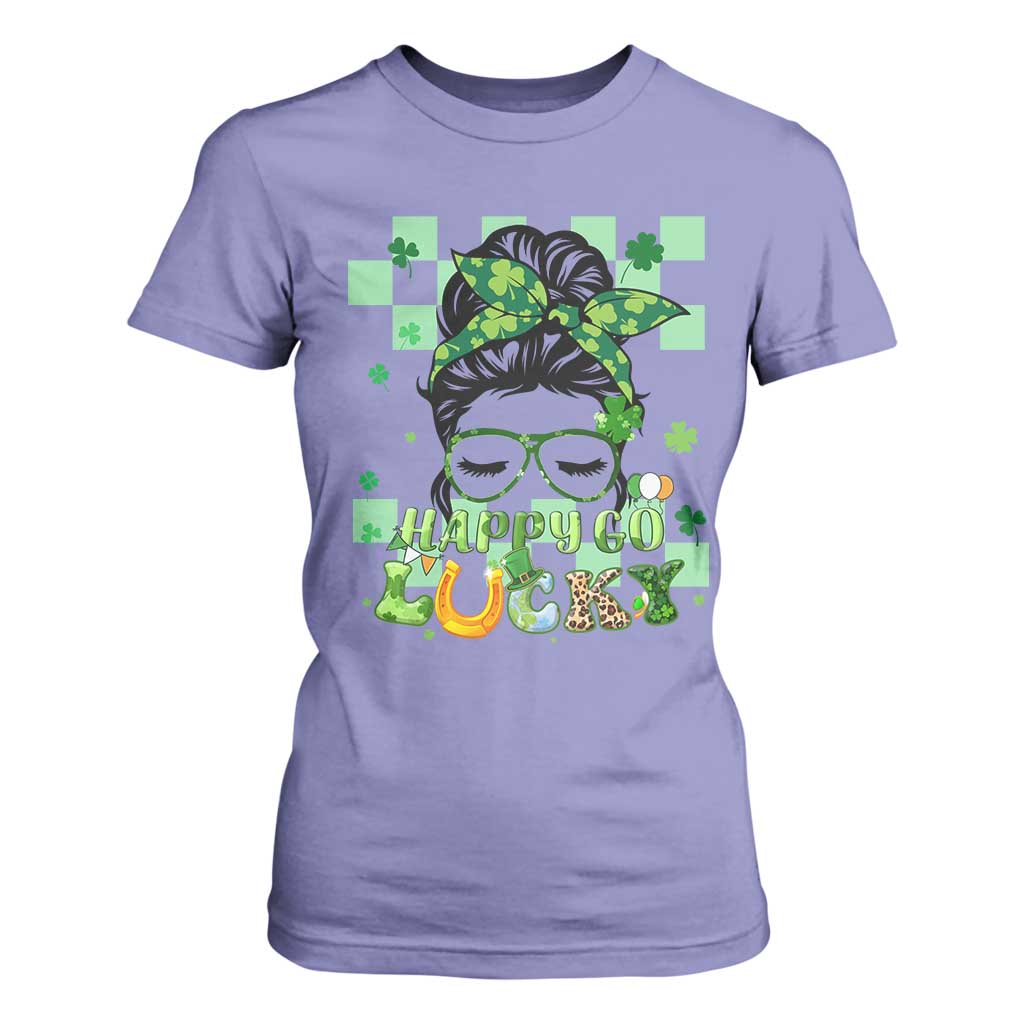 Funny St Patricks Day Women T Shirt For Women Happy Go Lucky Messy Bun with Shamrocks TS02 Violet Print Your Wear