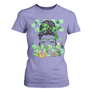 Funny St Patricks Day Women T Shirt For Women Happy Go Lucky Messy Bun with Shamrocks TS02 Violet Print Your Wear