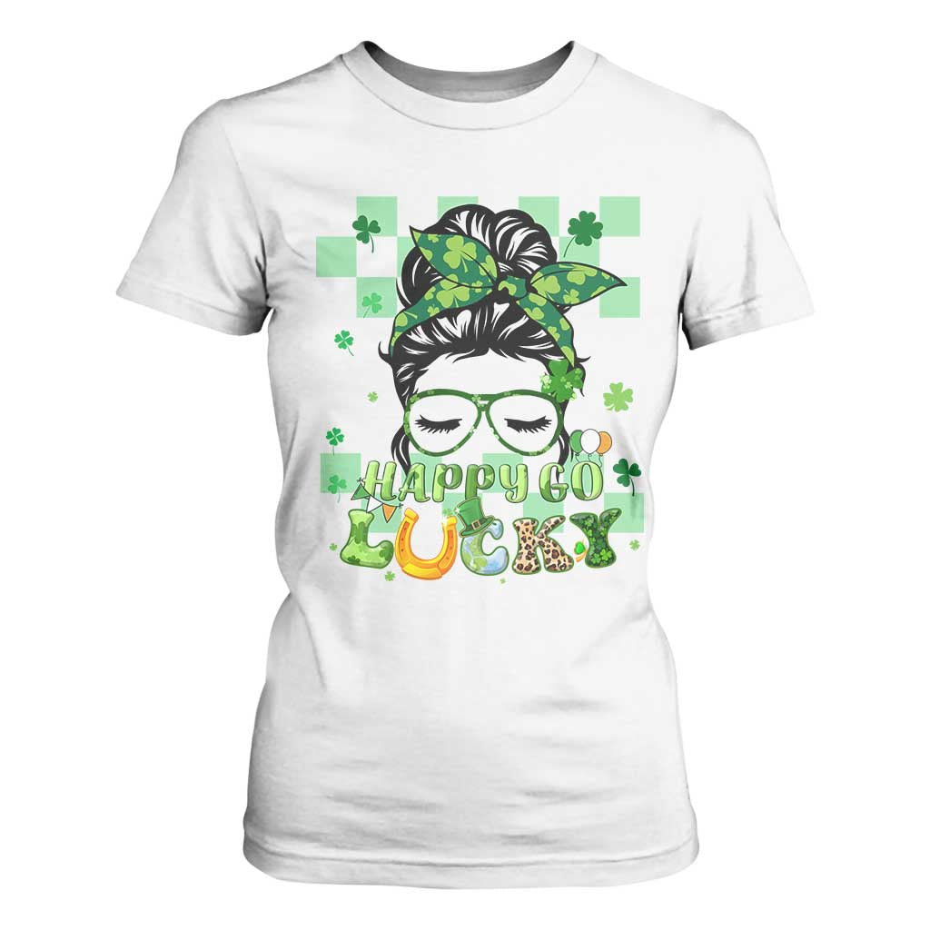 Funny St Patricks Day Women T Shirt For Women Happy Go Lucky Messy Bun with Shamrocks TS02 White Print Your Wear