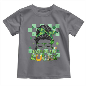Funny St Patricks Day Women Toddler T Shirt Happy Go Lucky Messy Bun with Shamrocks TS02 Charcoal Print Your Wear