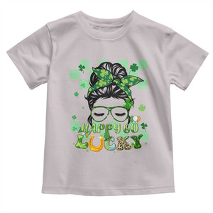 Funny St Patricks Day Women Toddler T Shirt Happy Go Lucky Messy Bun with Shamrocks TS02 Ice Gray Print Your Wear