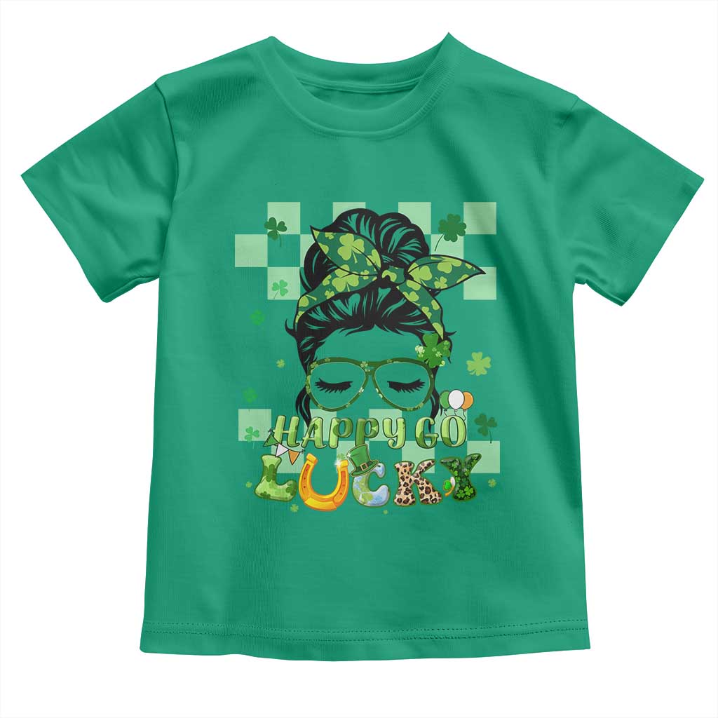 Funny St Patricks Day Women Toddler T Shirt Happy Go Lucky Messy Bun with Shamrocks TS02 Irish Green Print Your Wear
