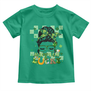Funny St Patricks Day Women Toddler T Shirt Happy Go Lucky Messy Bun with Shamrocks TS02 Irish Green Print Your Wear