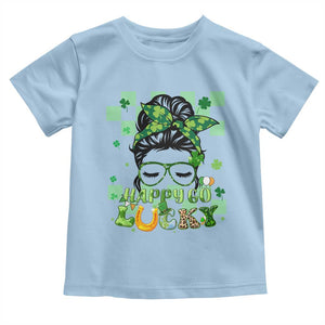 Funny St Patricks Day Women Toddler T Shirt Happy Go Lucky Messy Bun with Shamrocks TS02 Light Blue Print Your Wear