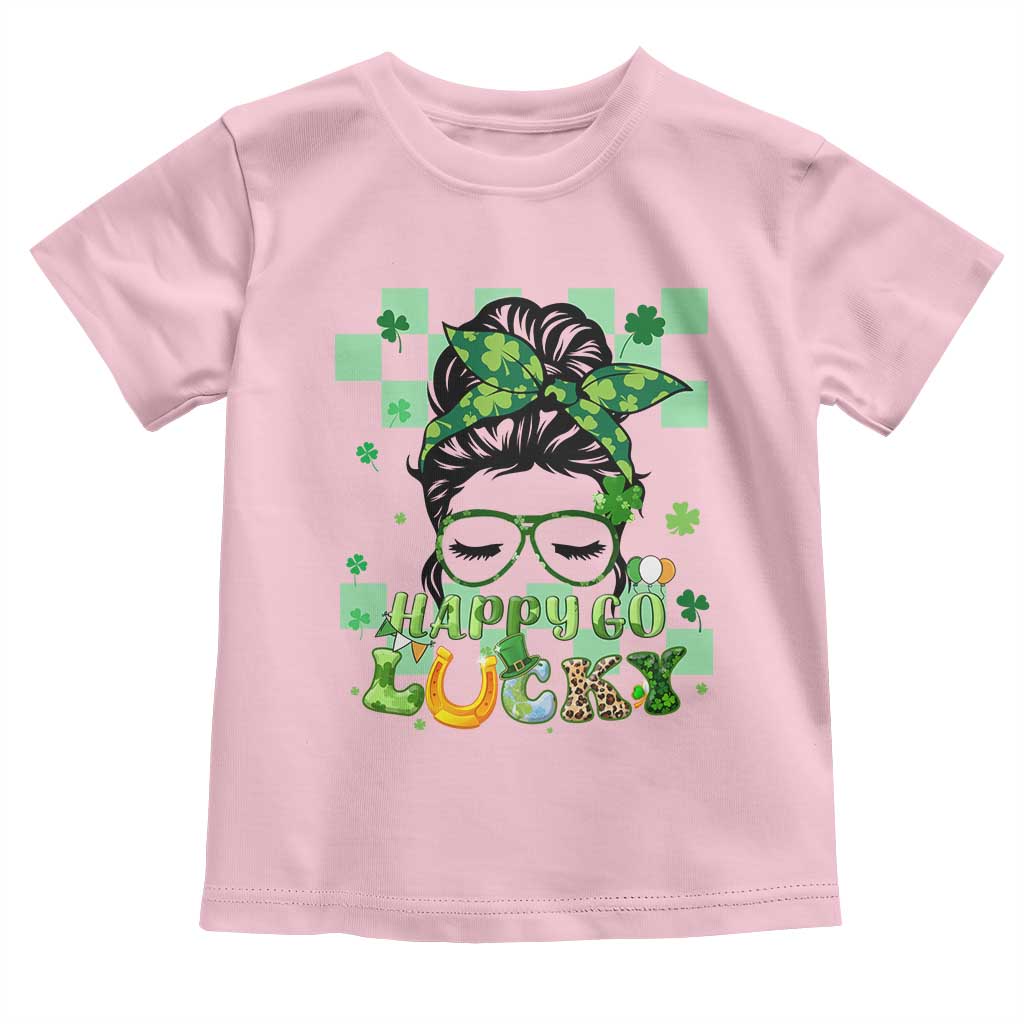Funny St Patricks Day Women Toddler T Shirt Happy Go Lucky Messy Bun with Shamrocks TS02 Light Pink Print Your Wear