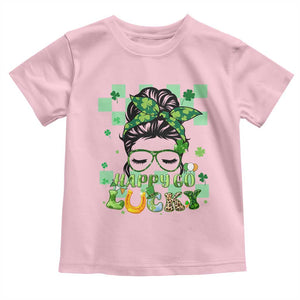 Funny St Patricks Day Women Toddler T Shirt Happy Go Lucky Messy Bun with Shamrocks TS02 Light Pink Print Your Wear