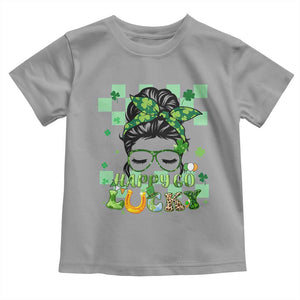 Funny St Patricks Day Women Toddler T Shirt Happy Go Lucky Messy Bun with Shamrocks TS02 Sport Gray Print Your Wear