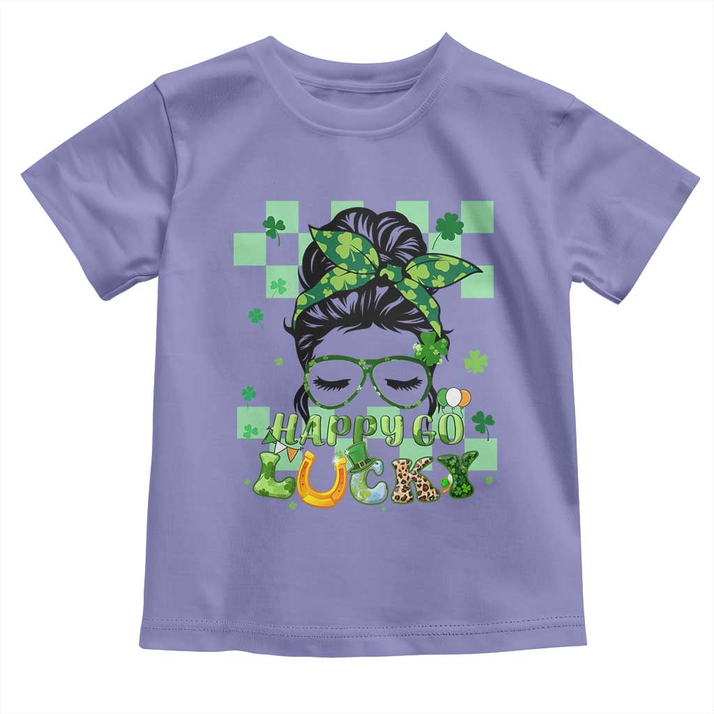Funny St Patricks Day Women Toddler T Shirt Happy Go Lucky Messy Bun with Shamrocks TS02 Violet Print Your Wear