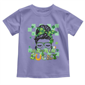 Funny St Patricks Day Women Toddler T Shirt Happy Go Lucky Messy Bun with Shamrocks TS02 Violet Print Your Wear