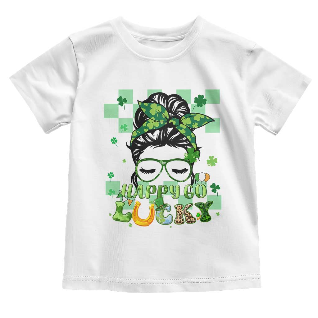 Funny St Patricks Day Women Toddler T Shirt Happy Go Lucky Messy Bun with Shamrocks TS02 White Print Your Wear