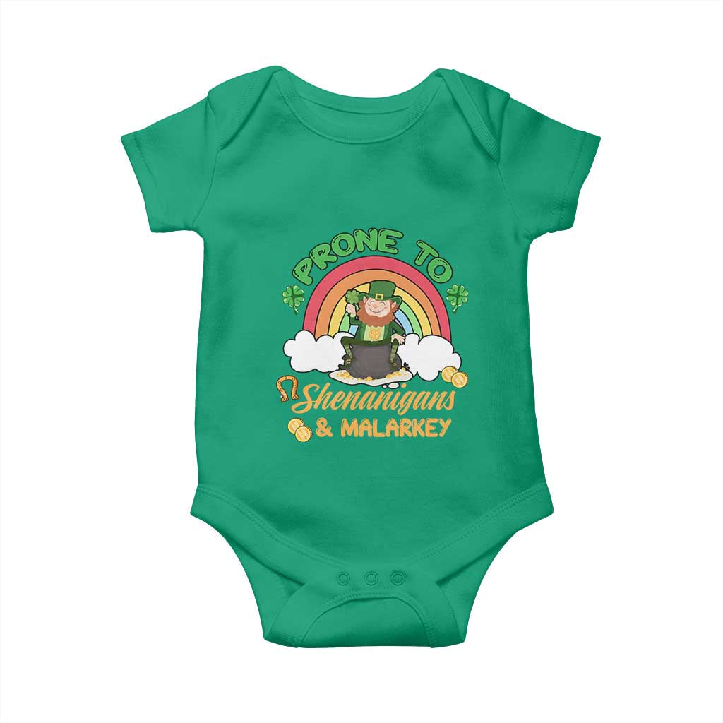 Funny St Patricks Day Baby Onesie Prone To Shenanigans and Malarkey Cute Leprechaun Rainbow TS02 Irish Green Print Your Wear