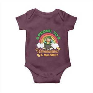 Funny St Patricks Day Baby Onesie Prone To Shenanigans and Malarkey Cute Leprechaun Rainbow TS02 Maroon Print Your Wear