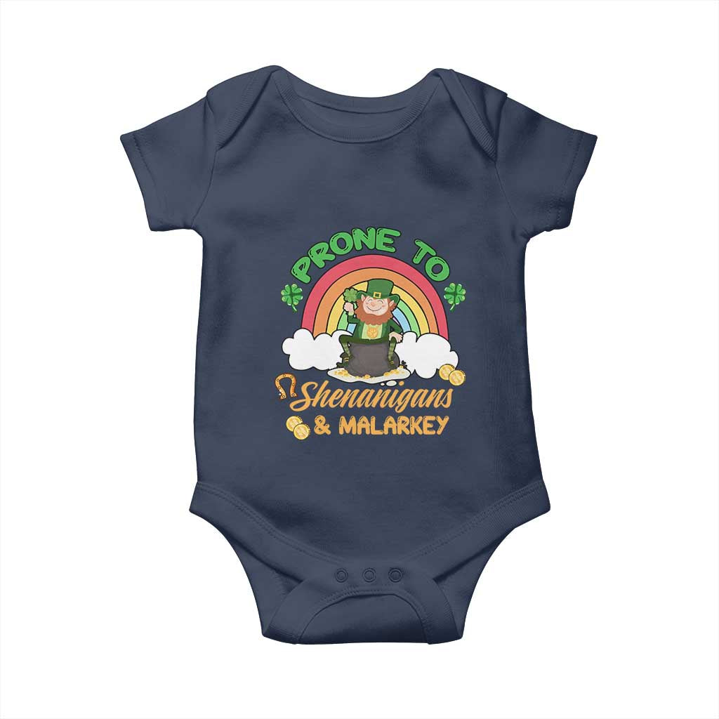 Funny St Patricks Day Baby Onesie Prone To Shenanigans and Malarkey Cute Leprechaun Rainbow TS02 Navy Print Your Wear