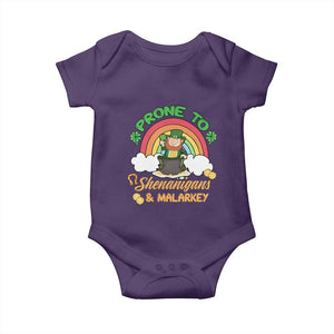 Funny St Patricks Day Baby Onesie Prone To Shenanigans and Malarkey Cute Leprechaun Rainbow TS02 Purple Print Your Wear
