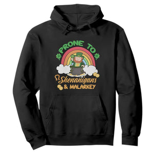 Funny St. Patricks Day Hoodie Prone To Shenanigans and Malarkey Cute Leprechaun Rainbow TS02 Black Printyourwear