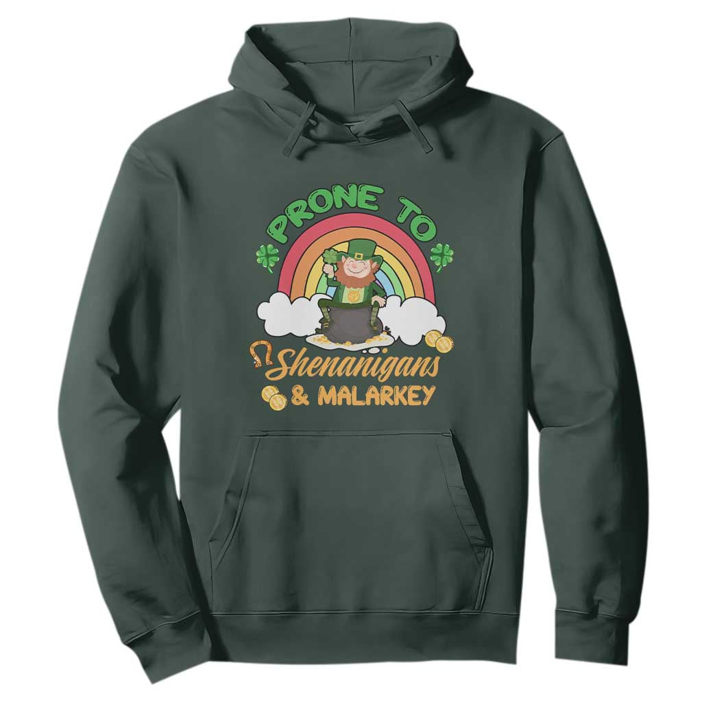 Funny St. Patricks Day Hoodie Prone To Shenanigans and Malarkey Cute Leprechaun Rainbow TS02 Dark Forest Green Printyourwear