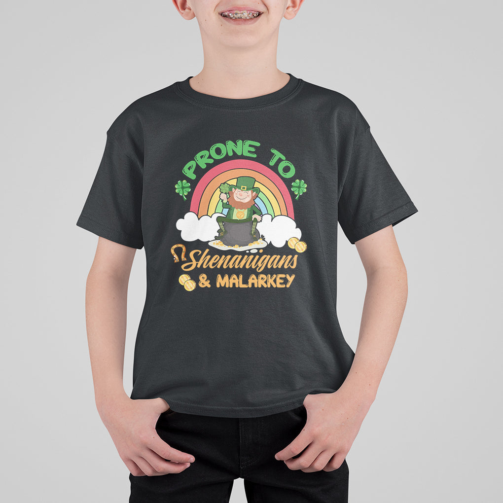 Funny St. Patricks Day T Shirt For Kid Prone To Shenanigans and Malarkey Cute Leprechaun Rainbow TS02 Black Printyourwear