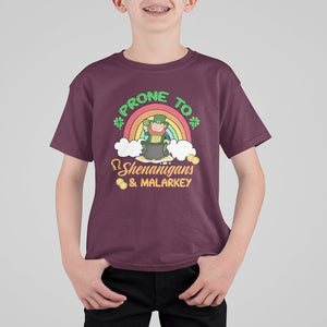Funny St. Patricks Day T Shirt For Kid Prone To Shenanigans and Malarkey Cute Leprechaun Rainbow TS02 Maroon Printyourwear