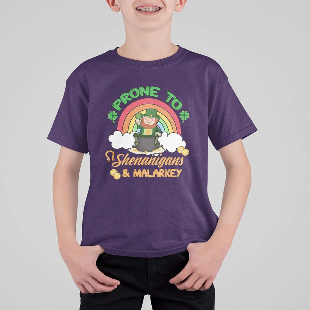 Funny St. Patricks Day T Shirt For Kid Prone To Shenanigans and Malarkey Cute Leprechaun Rainbow TS02 Purple Printyourwear