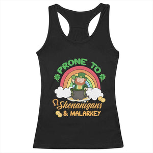 Funny St Patricks Day Racerback Tank Top Prone To Shenanigans and Malarkey Cute Leprechaun Rainbow TS02 Black Print Your Wear