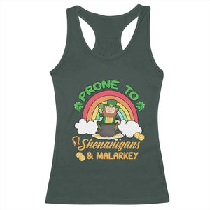Funny St Patricks Day Racerback Tank Top Prone To Shenanigans and Malarkey Cute Leprechaun Rainbow TS02 Dark Forest Green Print Your Wear