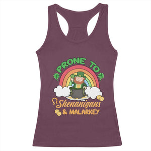 Funny St Patricks Day Racerback Tank Top Prone To Shenanigans and Malarkey Cute Leprechaun Rainbow TS02 Maroon Print Your Wear