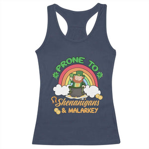 Funny St Patricks Day Racerback Tank Top Prone To Shenanigans and Malarkey Cute Leprechaun Rainbow TS02 Navy Print Your Wear