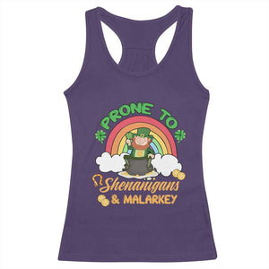 Funny St Patricks Day Racerback Tank Top Prone To Shenanigans and Malarkey Cute Leprechaun Rainbow TS02 Purple Print Your Wear
