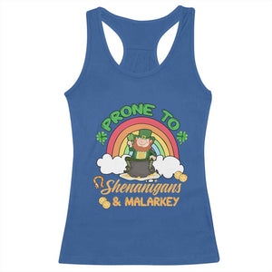 Funny St Patricks Day Racerback Tank Top Prone To Shenanigans and Malarkey Cute Leprechaun Rainbow TS02 Royal Blue Print Your Wear