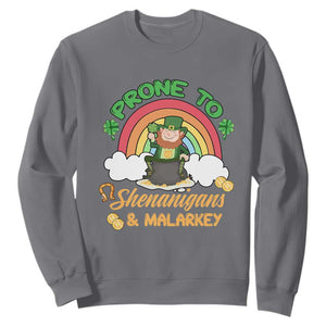 Funny St. Patricks Day Sweatshirt Prone To Shenanigans and Malarkey Cute Leprechaun Rainbow TS02 Charcoal Printyourwear
