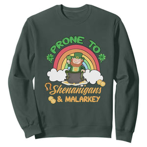 Funny St. Patricks Day Sweatshirt Prone To Shenanigans and Malarkey Cute Leprechaun Rainbow TS02 Dark Forest Green Printyourwear