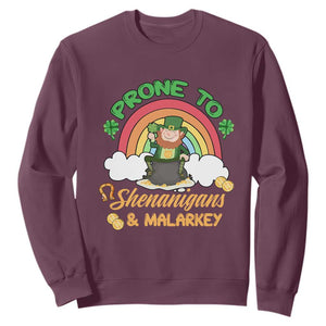 Funny St. Patricks Day Sweatshirt Prone To Shenanigans and Malarkey Cute Leprechaun Rainbow TS02 Maroon Printyourwear
