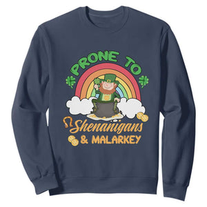 Funny St. Patricks Day Sweatshirt Prone To Shenanigans and Malarkey Cute Leprechaun Rainbow TS02 Navy Printyourwear