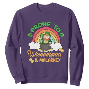 Funny St. Patricks Day Sweatshirt Prone To Shenanigans and Malarkey Cute Leprechaun Rainbow TS02 Purple Printyourwear