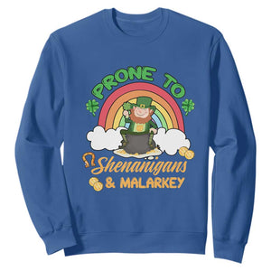 Funny St. Patricks Day Sweatshirt Prone To Shenanigans and Malarkey Cute Leprechaun Rainbow TS02 Royal Blue Printyourwear