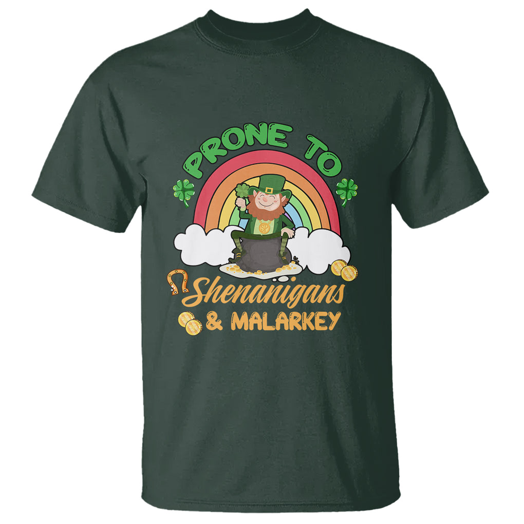 Funny St. Patricks Day T Shirt Prone To Shenanigans and Malarkey Cute Leprechaun Rainbow TS02 Dark Forest Green Printyourwear