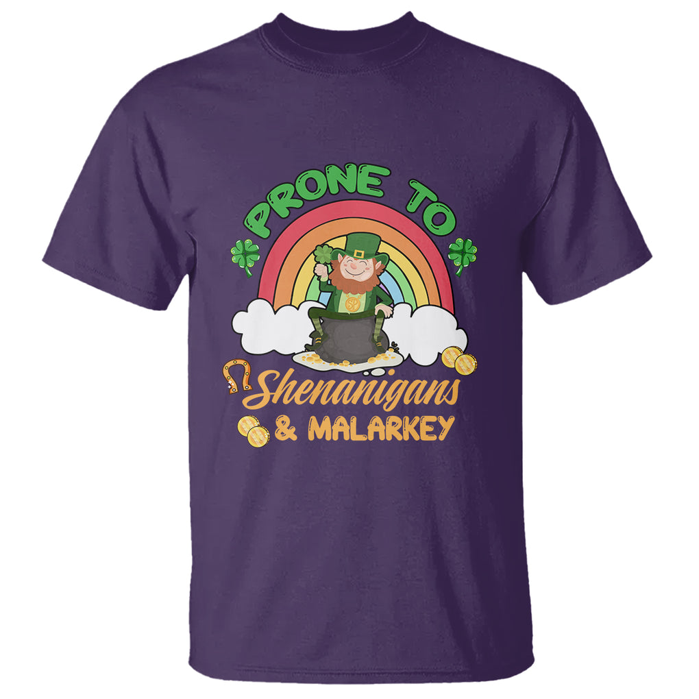 Funny St. Patricks Day T Shirt Prone To Shenanigans and Malarkey Cute Leprechaun Rainbow TS02 Purple Printyourwear