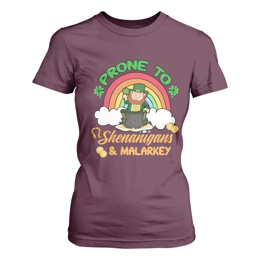 Funny St Patricks Day T Shirt For Women Prone To Shenanigans and Malarkey Cute Leprechaun Rainbow TS02 Maroon Print Your Wear