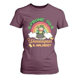 Funny St Patricks Day T Shirt For Women Prone To Shenanigans and Malarkey Cute Leprechaun Rainbow TS02 Maroon Print Your Wear