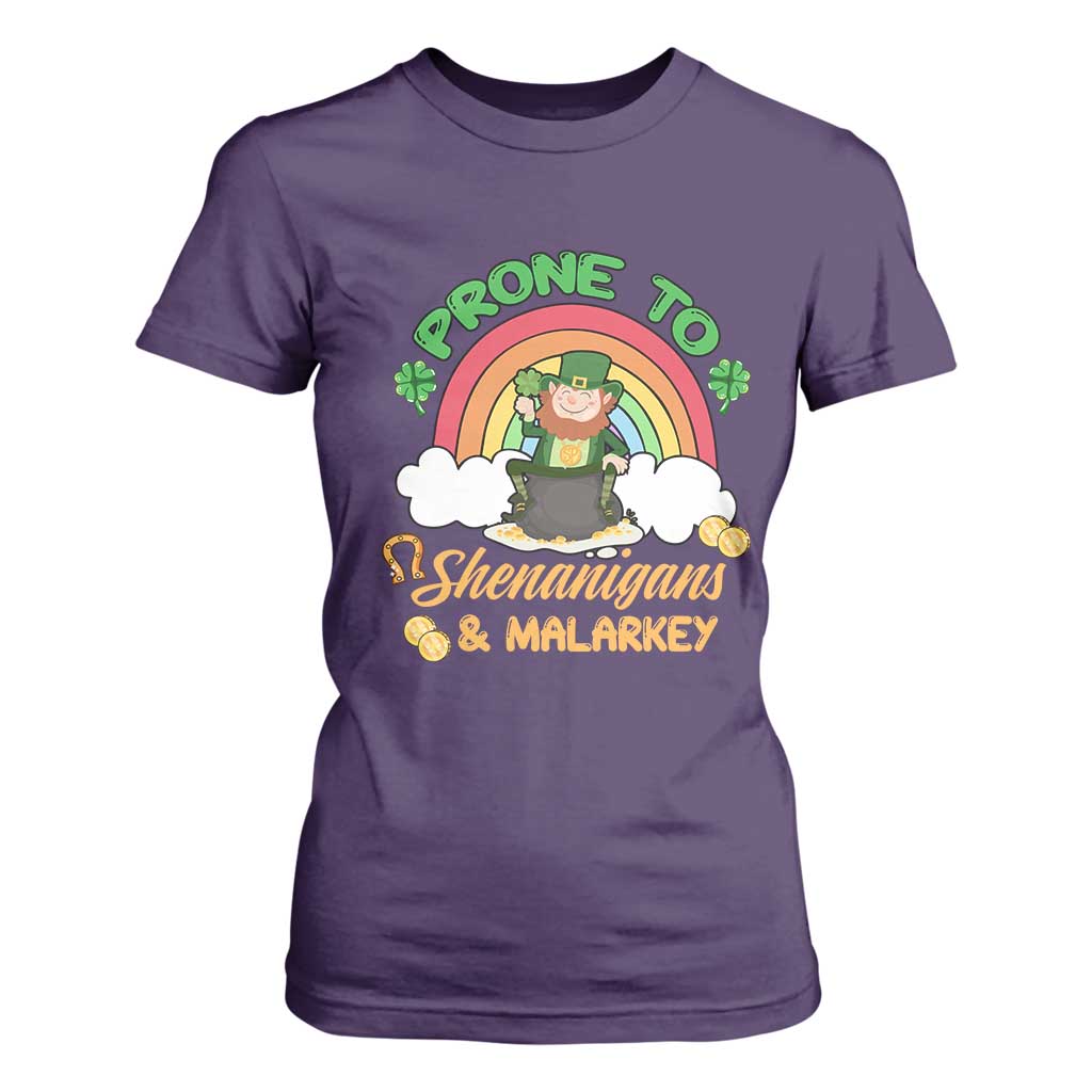 Funny St Patricks Day T Shirt For Women Prone To Shenanigans and Malarkey Cute Leprechaun Rainbow TS02 Purple Print Your Wear
