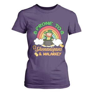 Funny St Patricks Day T Shirt For Women Prone To Shenanigans and Malarkey Cute Leprechaun Rainbow TS02 Purple Print Your Wear