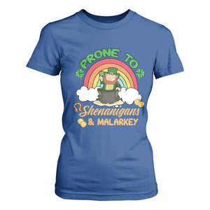 Funny St Patricks Day T Shirt For Women Prone To Shenanigans and Malarkey Cute Leprechaun Rainbow TS02 Royal Blue Print Your Wear